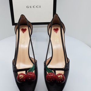GUCCI Cherry Bamboo Kitten Heel Black Leather Pump